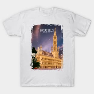 Brussels Belgium Vintage Minimal Retro Travel Poster at Night T-Shirt